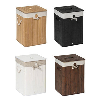 Kankyo white square bamboo laundry hamper with white fabric trim and decorative bow on the lid