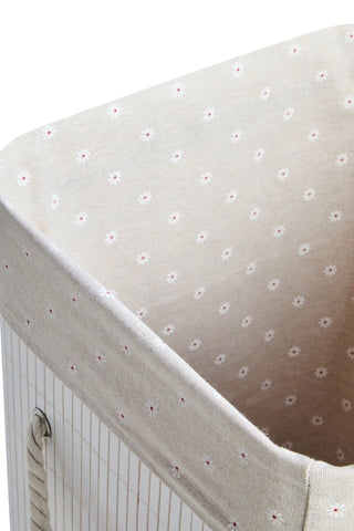Beige fabric kankyo white square laundry hamper with white daisy pattern and rope handle for easy carrying