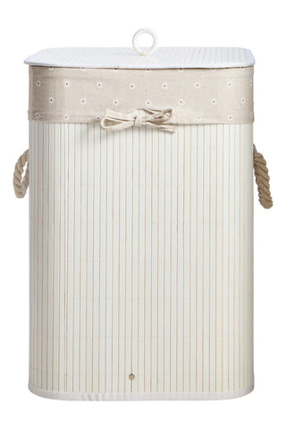 Kankyo white square laundry hamper in cream with vertical ribs white lid and star patterned fabric band bow handle