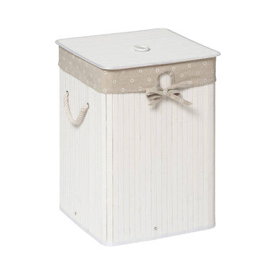 White square wooden laundry hamper with beige polka-dot fabric band and decorative bow for stylish storage