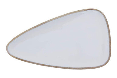A sleek light gray triangular mirror with thin metallic frame paired with kara large mango wood serving platter