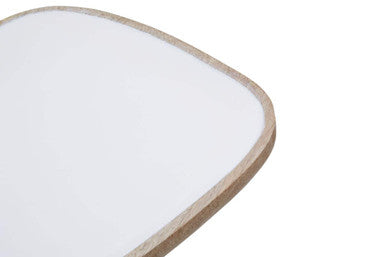 A sleek minimalist mirror with a thin light wood frame and smooth white surface complements kara large mango wood style