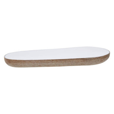 A sleek white ceramic kara mango wood small oval serving dish with a natural mango wood grain rim