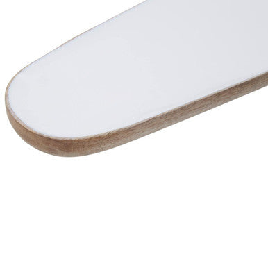 White rectangular mirror with light wood frame next to kara mango wood small oval serving dish