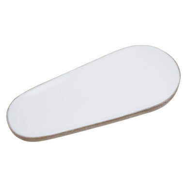 White smooth teardrop shaped lens with thin metallic edge on kara mango wood small oval serving dish