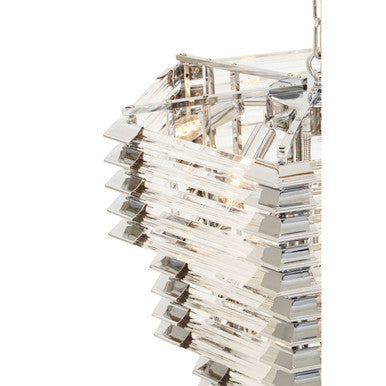 Clear crystal chandelier with stacked geometric tiers and polished chrome finish prism light for elegant spaces