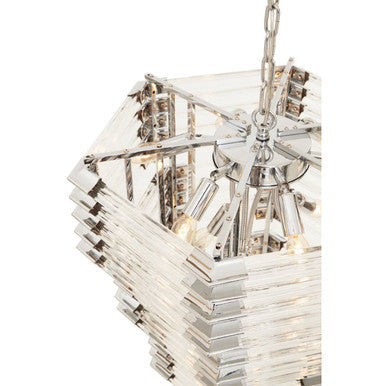 Chrome finish prism light hexagonal chandelier with stacked glass panels and crystal accents from karli collection