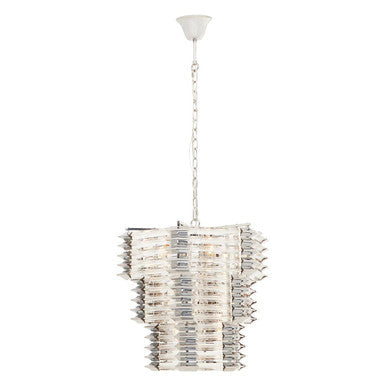Karli glass and chrome finish prism light featuring a modern tiered chandelier with clear glass prisms and chrome finish frame