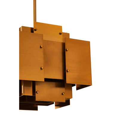 Karlo metal brass pendant light with gold-toned geometric design and four bulbs featuring visible rivets
