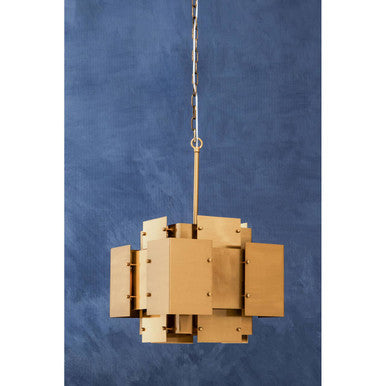 Brass finish karlo metal pendant light with four bulbs featuring a modern geometric design and rectangular panels