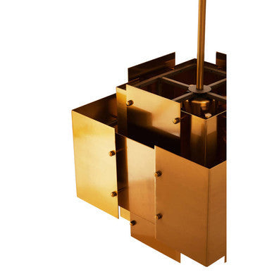 A karlo metal brass pendant light with a modern geometric design featuring four bulbs and a brass finish