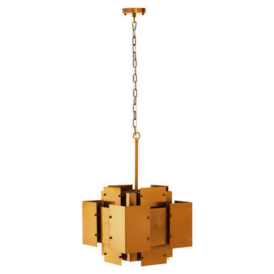 Karlo metal brass finish pendant light with four bulbs features a gold-toned geometric chandelier and chain suspension