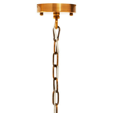 Brass finish karlo metal pendant light chain with circular ceiling mount and alternating polished and matte links for four bulbs