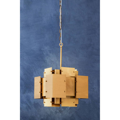 Karlo metal brass finish pendant light with four bulbs featuring a gold-toned geometric cube design suspended by chain