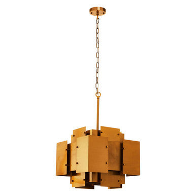 Gold-toned karlo metal brass finish pendant light with geometric layered panels and four bulbs for stylish lighting