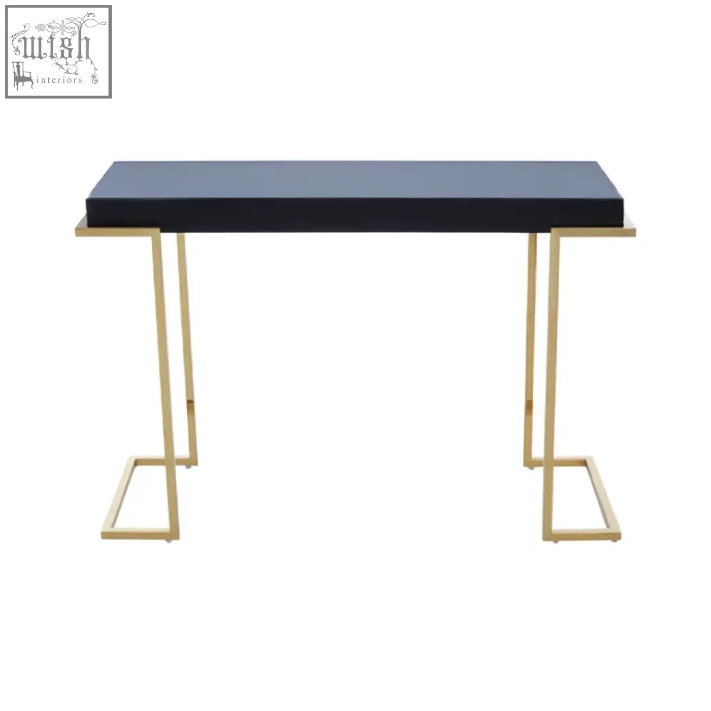 Black lacquered kaso console table with gold toned stainless steel geometric legs for stylish storage
