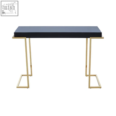 Black lacquered kaso console table with gold toned stainless steel geometric legs for stylish storage