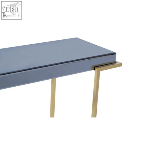 Modern gray console table with sleek gold stainless steel legs in a rectangular kaso console table design