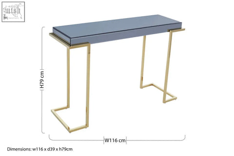 Modern kaso console table with a sleek matte grey top and slender gold-tone stainless steel legs