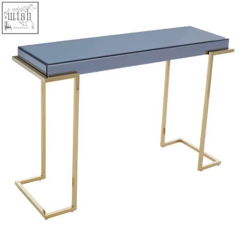 Kaso console table with a sleek matte grey top and slender gold-toned stainless steel legs perfect as a grey console table