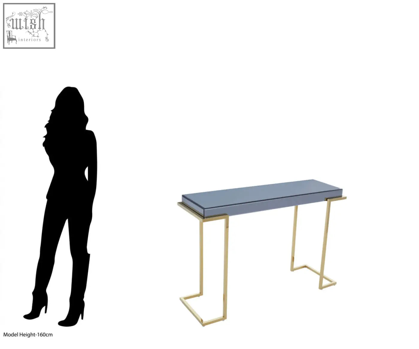 Kaso console table with a sleek matte grey top and slender gold-tone stainless steel legs for modern spaces