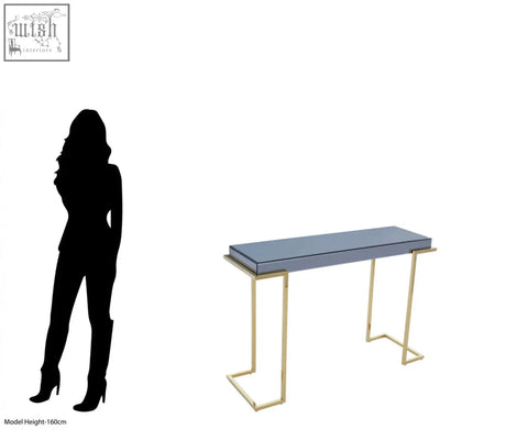 Kaso console table with a sleek matte grey top and slender gold-tone stainless steel legs for modern spaces