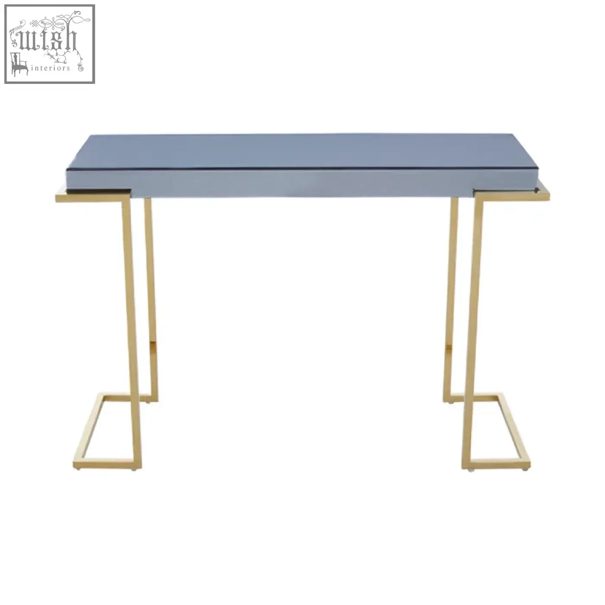 Modern kaso console table with a sleek matte grey top and slender gold-tone stainless steel legs