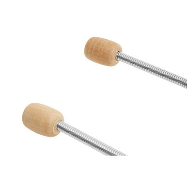 Wooden shoe shaper with a silver threaded metal shaft and smooth light brown wooden handle knob for shaping shoes