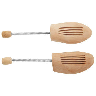 Pair of light brown wooden shoe forms with metal rods and slotted ends for kata men wooden shoe shapers