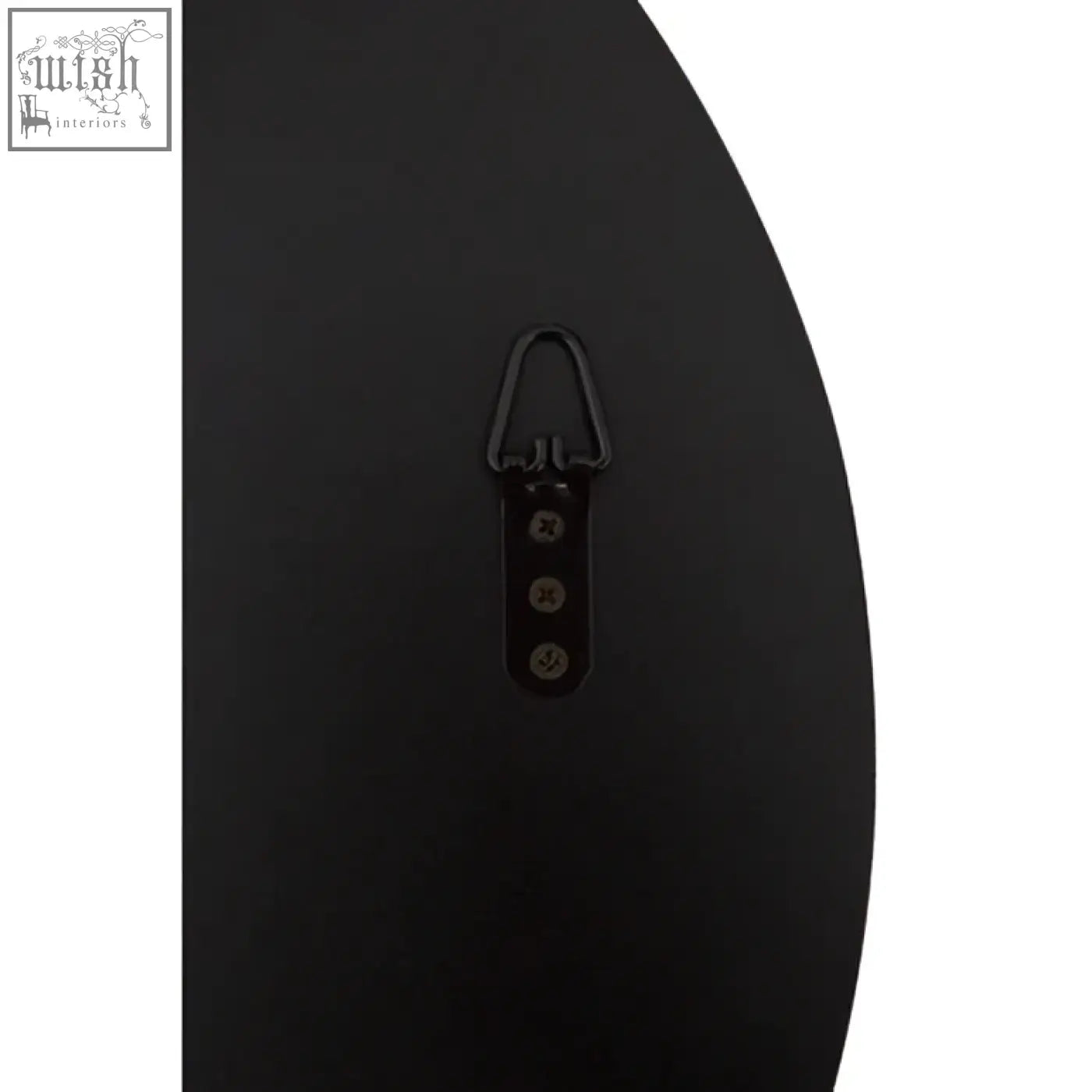 Black matte katelyn silver rounded wall mirror with minimalist hook and three decorative rivets for easy hanging