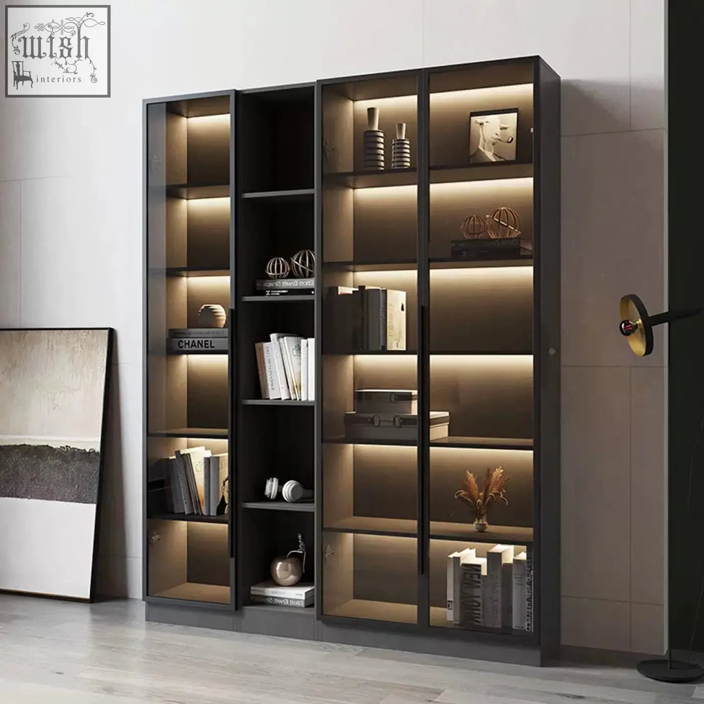 Modern black-framed kauffman wine storage bookshelf with glass doors and built-in led lighting display cabinet