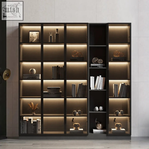 Modern black framed kauffman wine storage with glass doors and built-in warm led lighting minimalist design