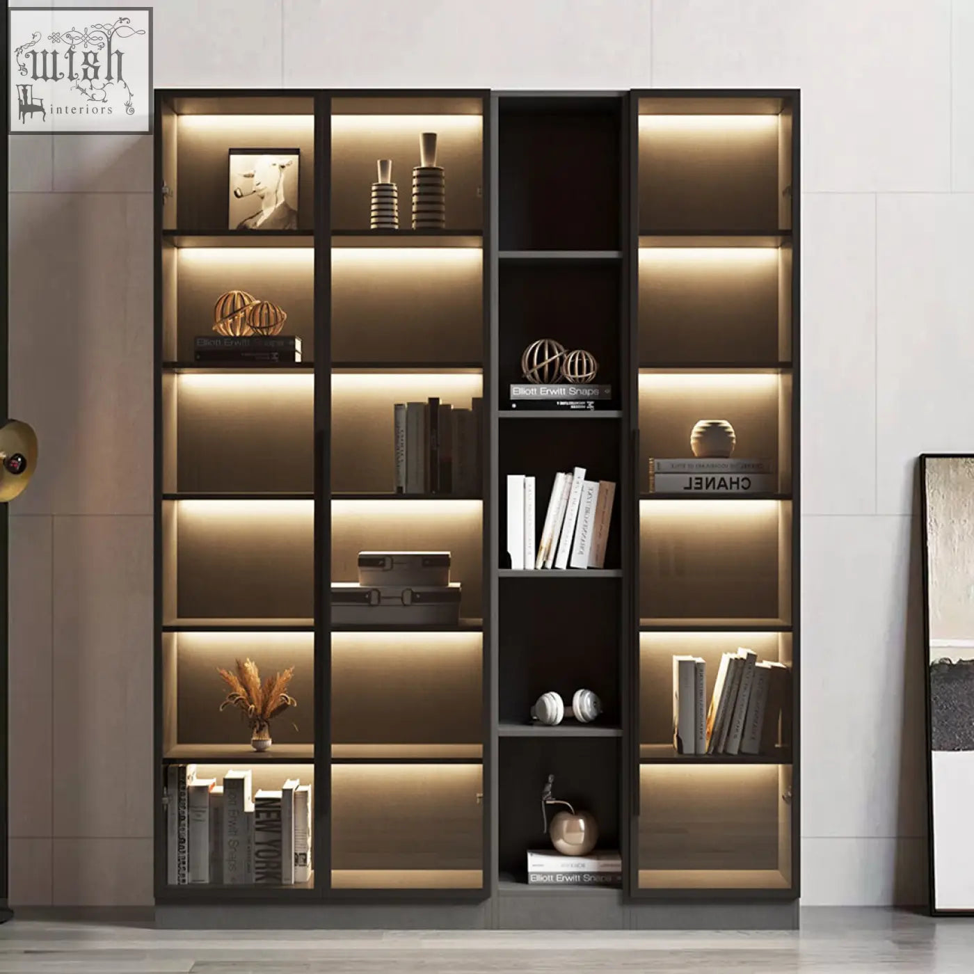Modern black-framed kauffman wine storage cabinet with glass doors and warm led lighting for stylish wine display