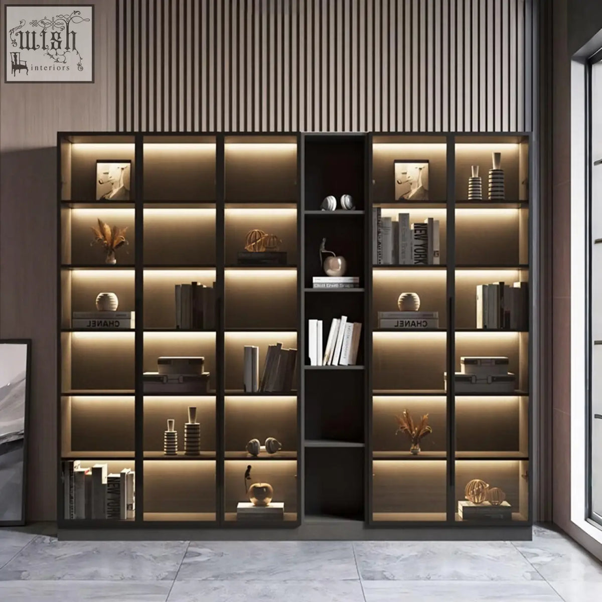 Modern black-framed kauffman wine storage cabinet with glass doors and warm led lighting for stylish wine storage