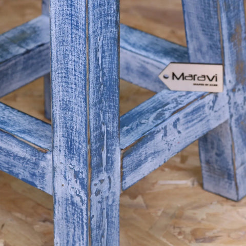Blue distressed kavi kids wooden kids wooden stool with rustic weathered finish and visible grain turtle design