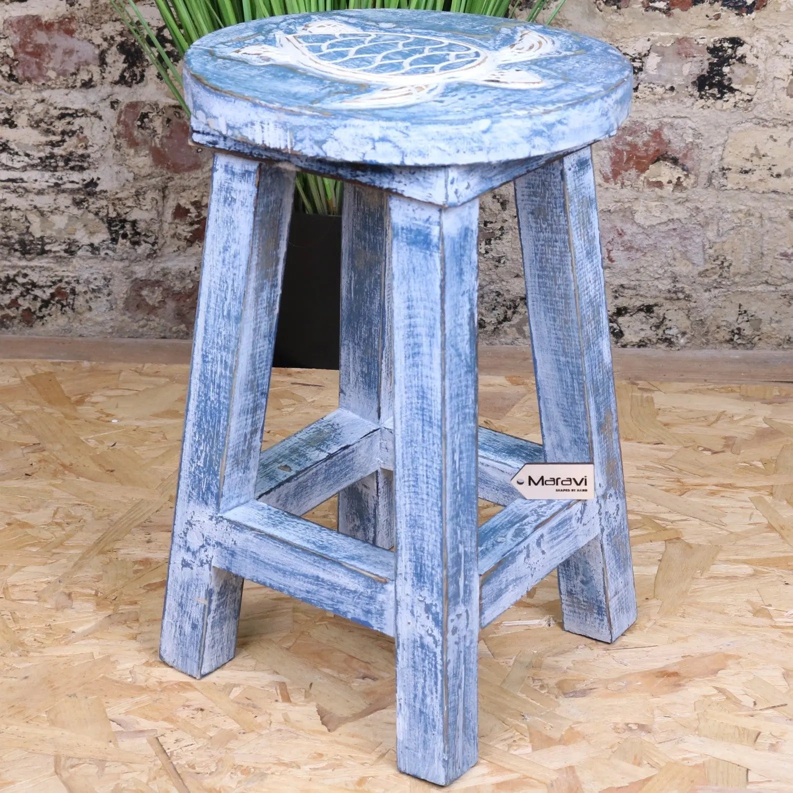 Blue distressed kavi kids wooden stool with white turtle design on seat perfect kids wooden stool 25cm height