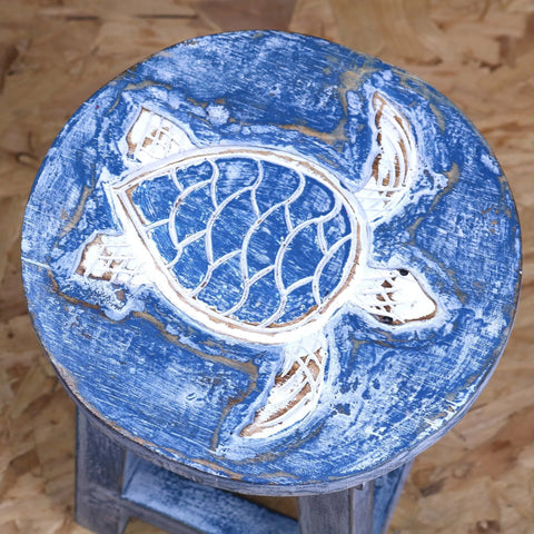 Blue distressed kavi kids wooden stool with carved white sea turtle design perfect for kids wooden stool collection