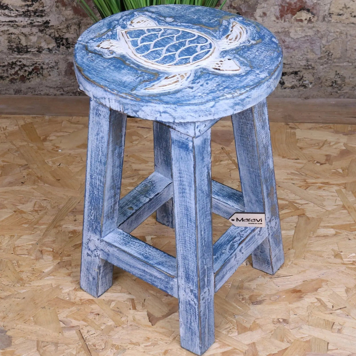 Blue distressed kids wooden stool with white carved turtle seat design from kavi kids wooden collection