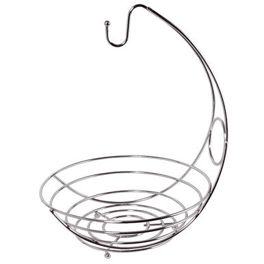Kaya chrome fruit wire basket with chrome fruit bowl finish and curved hook for hanging bananas or fruit
