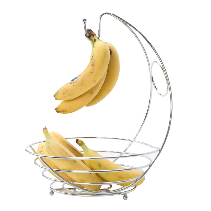 Silver wire kaya chrome fruit stand with curved hook and circular basket base chrome fruit bowl combo