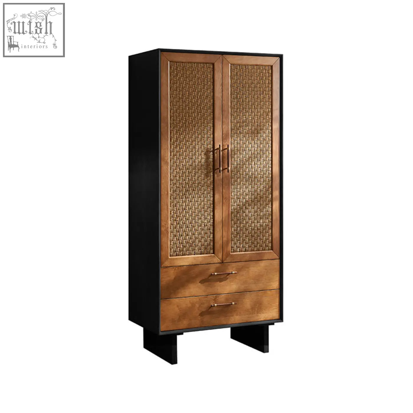 A tall kaylee rattan wardrobe with black sides warm wood finish and woven rattan panels in solid wood design