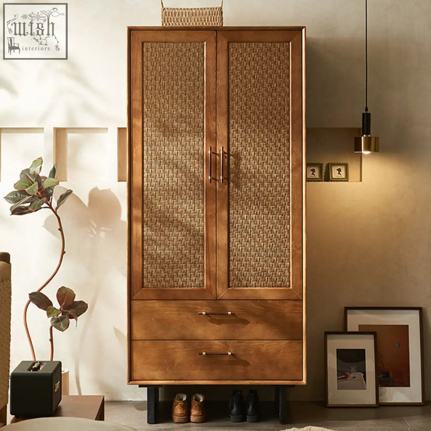 Tall kaylee rattan wardrobe with woven rattan panels, two drawers, and natural solid wood finish