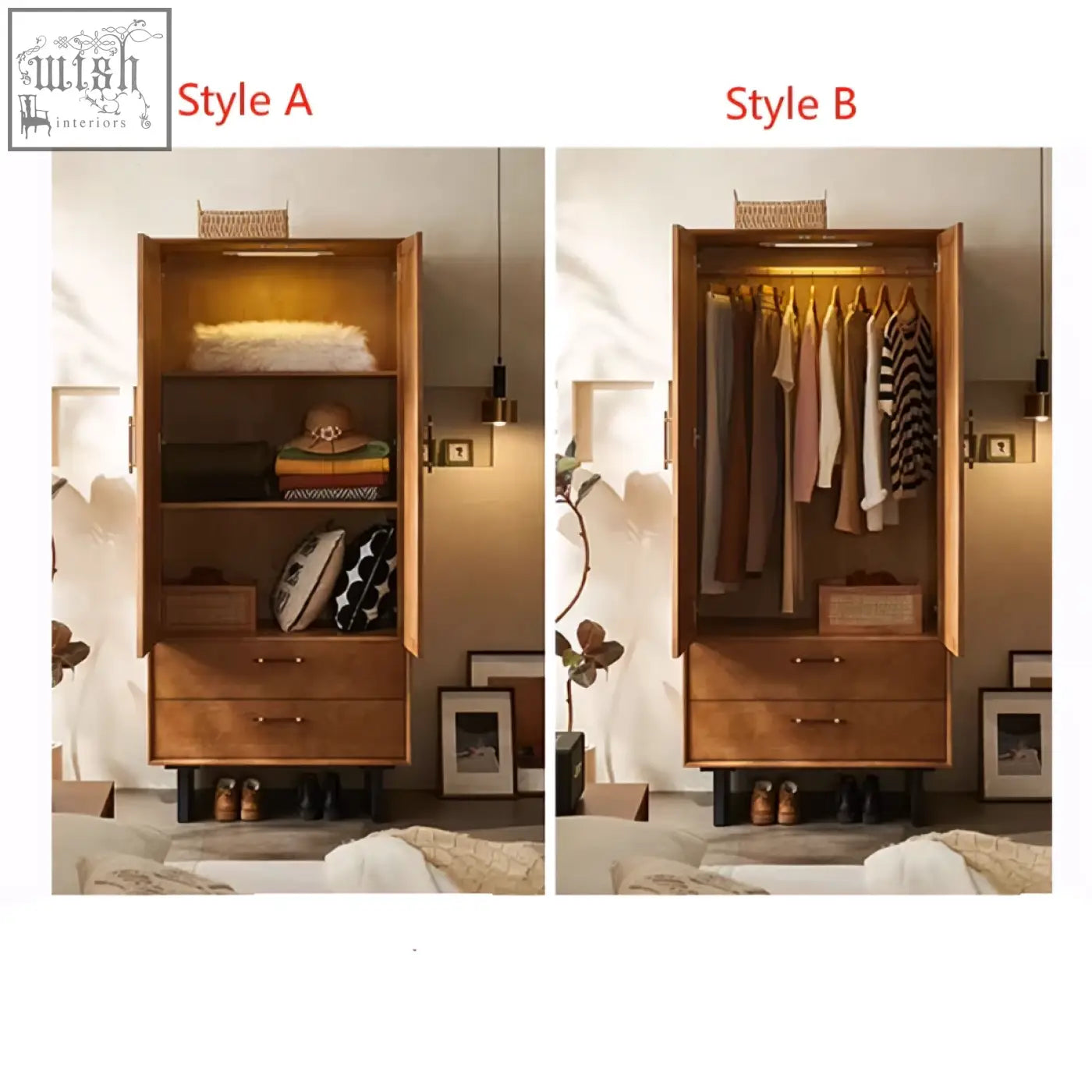 Warm-toned solid wood kaylee rattan wardrobe with open doors showing shelves and hanging clothes inside