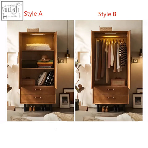 Warm-toned solid wood kaylee rattan wardrobe with open doors showing shelves and hanging clothes inside