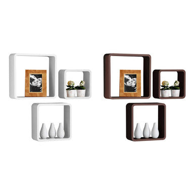 Kayli set of three white wall cubes with dark brown recessed square shelves holding decor like photos and white vases