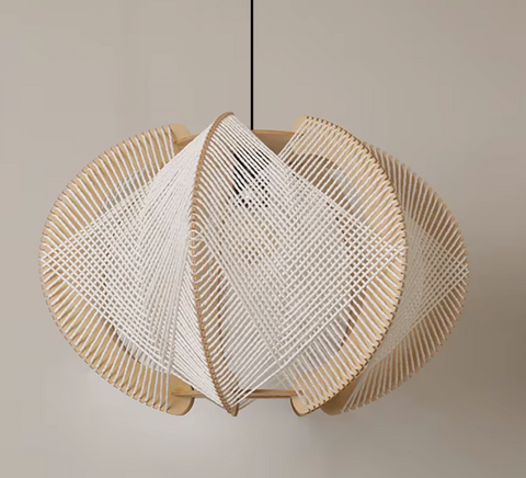 A modern kazaru light pendant lamp with light wooden frames and intricate white woven string geometric design