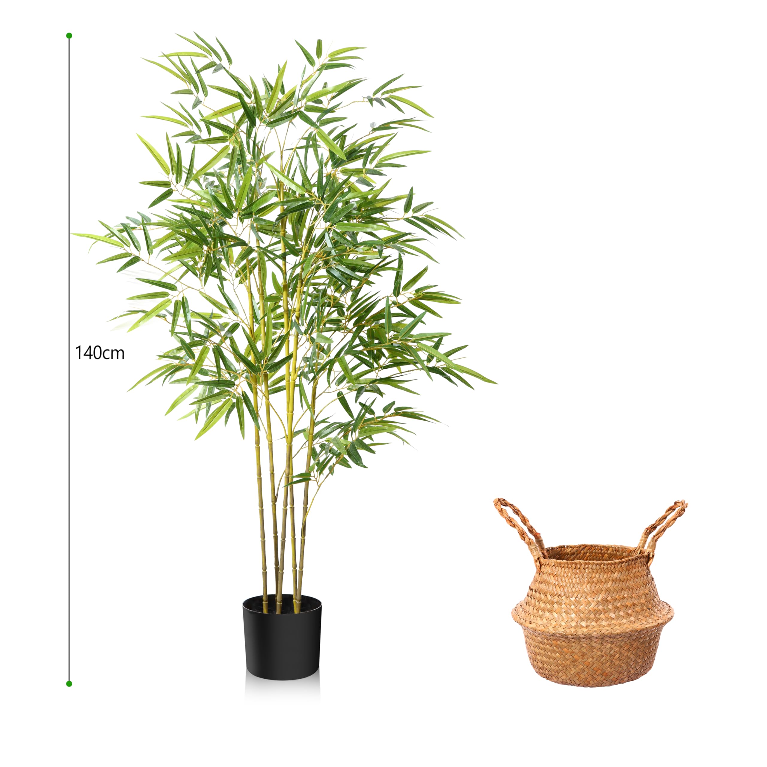 Tall artificial bamboo plant with slender green stalks and lush foliage in a sleek black pot perfect for indoor outdoor use
