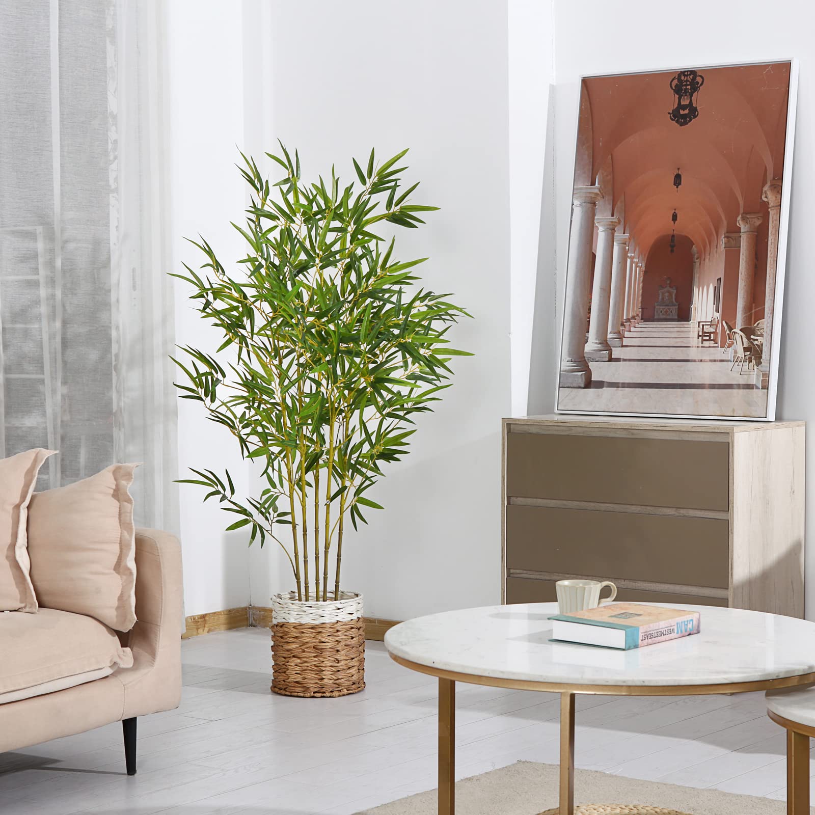 Tall green artificial bamboo plant in a woven wicker pot perfect for indoor outdoor decor and garden use