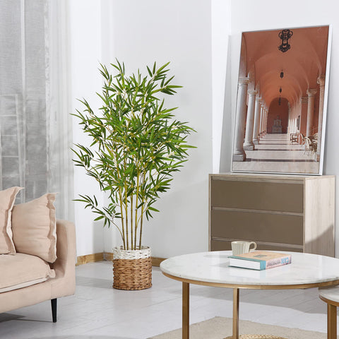 Tall green artificial bamboo plant in a woven wicker pot perfect for indoor outdoor decor and garden use
