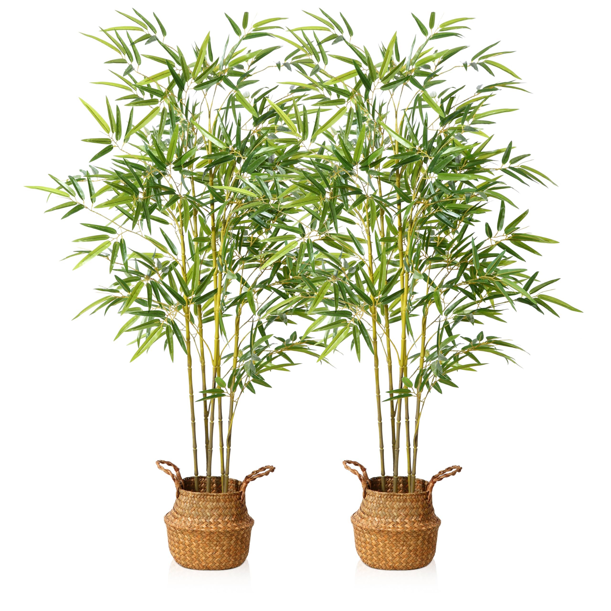 Two tall artificial bamboo plants with vibrant green leaves and yellow-green stalks in woven wicker baskets for indoor outdoor use